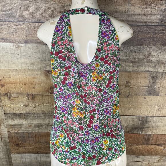 Eci Floral Ruffle Front High Neck Tank Top Cut Out Back Size 6 - Picture 4 of 9